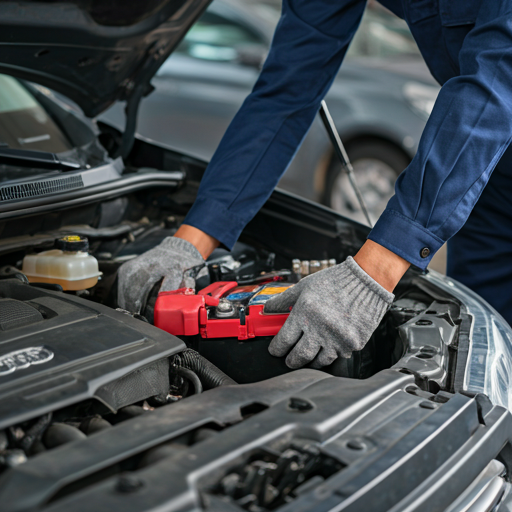 Técnico instalando batería nueva en motor de coche