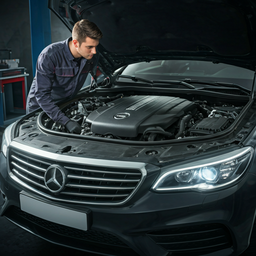 Mecánico profesional trabajando en motor de coche de alta gama